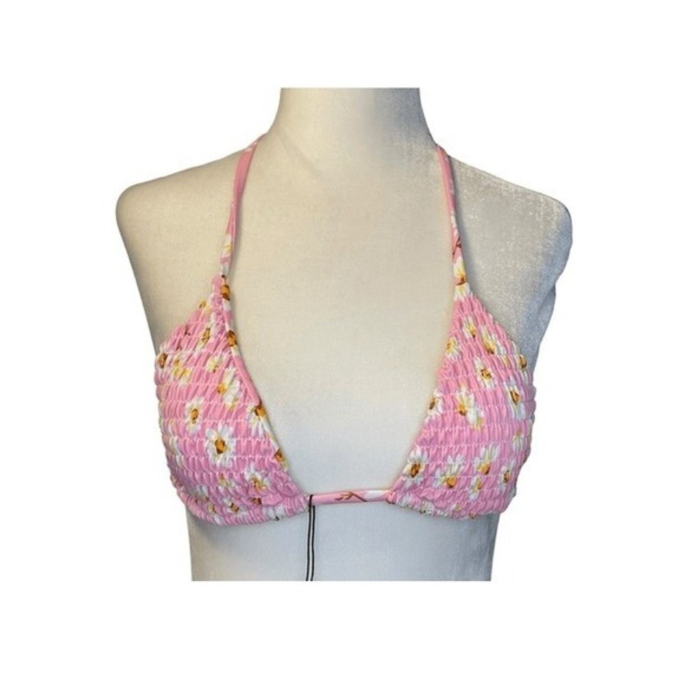Zaful Floral Print Triangle‎ Bikini Top Pink Crinkle Textured Swimwear 4